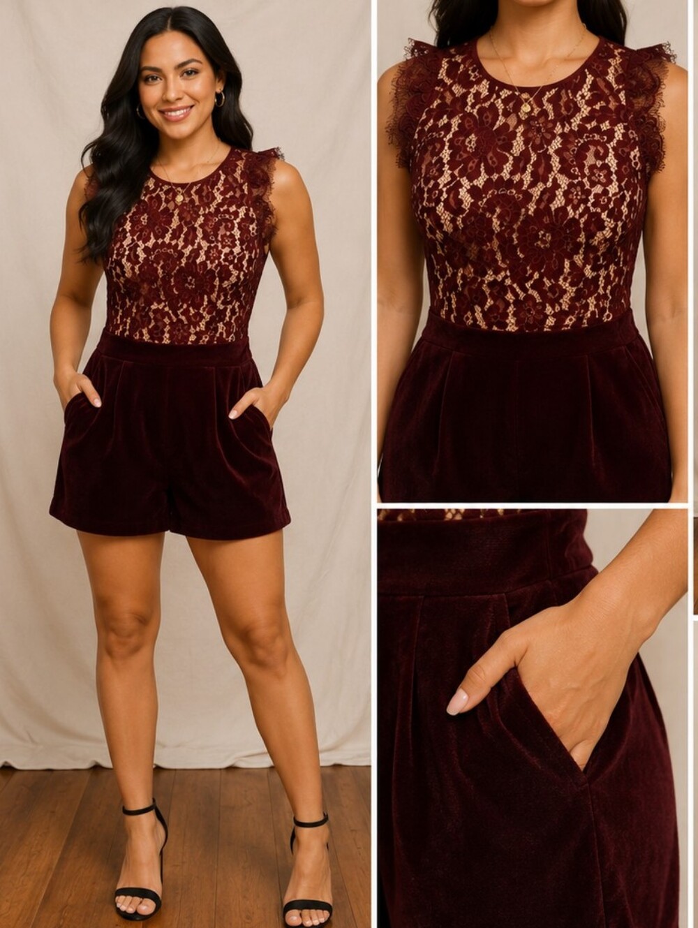 🫑 Keepsake Burgundy Lace & Velvet Romper Size XS
